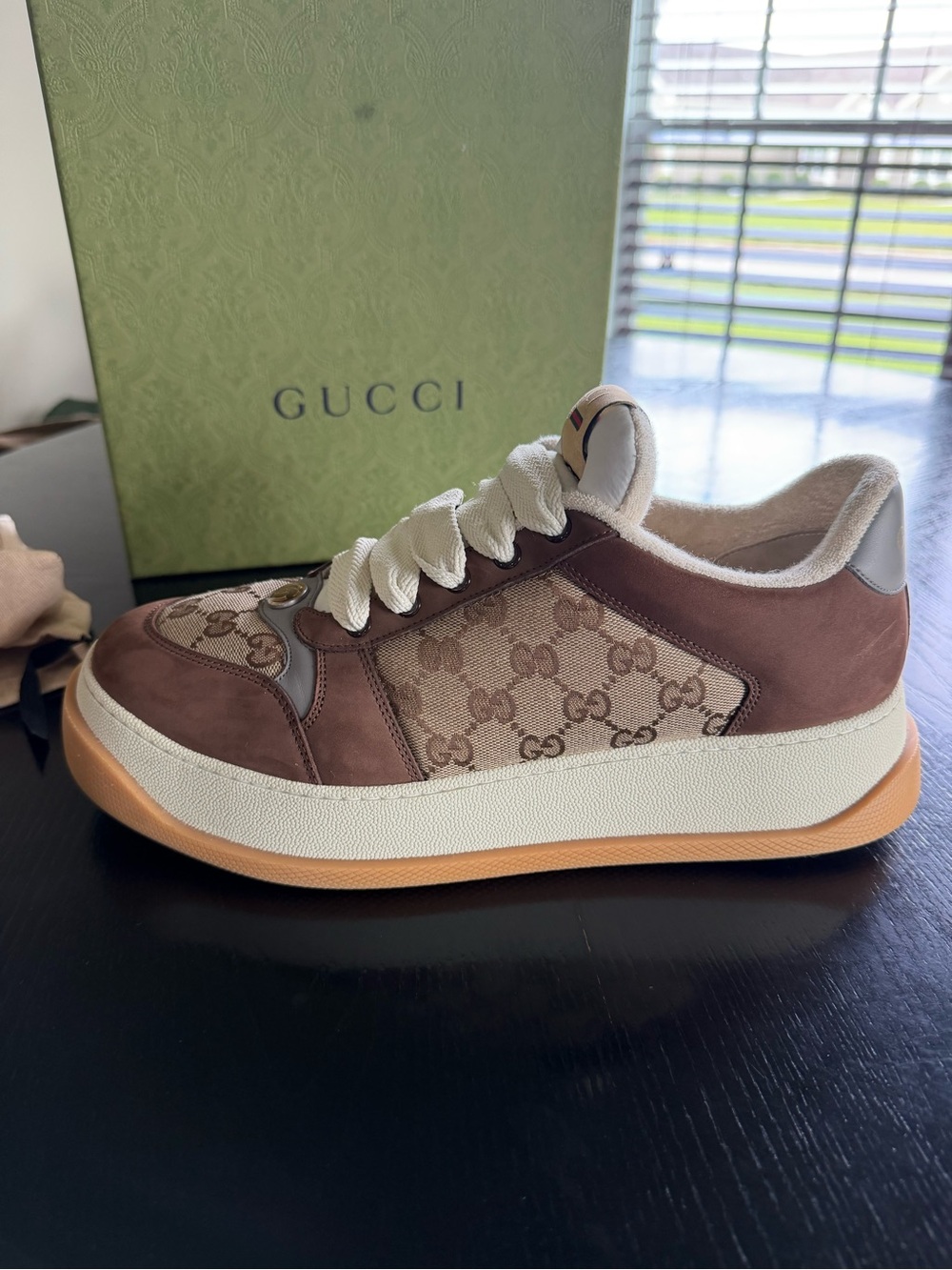 Gucci Beige Monogram & Brown Suede Low-Top Sneaker